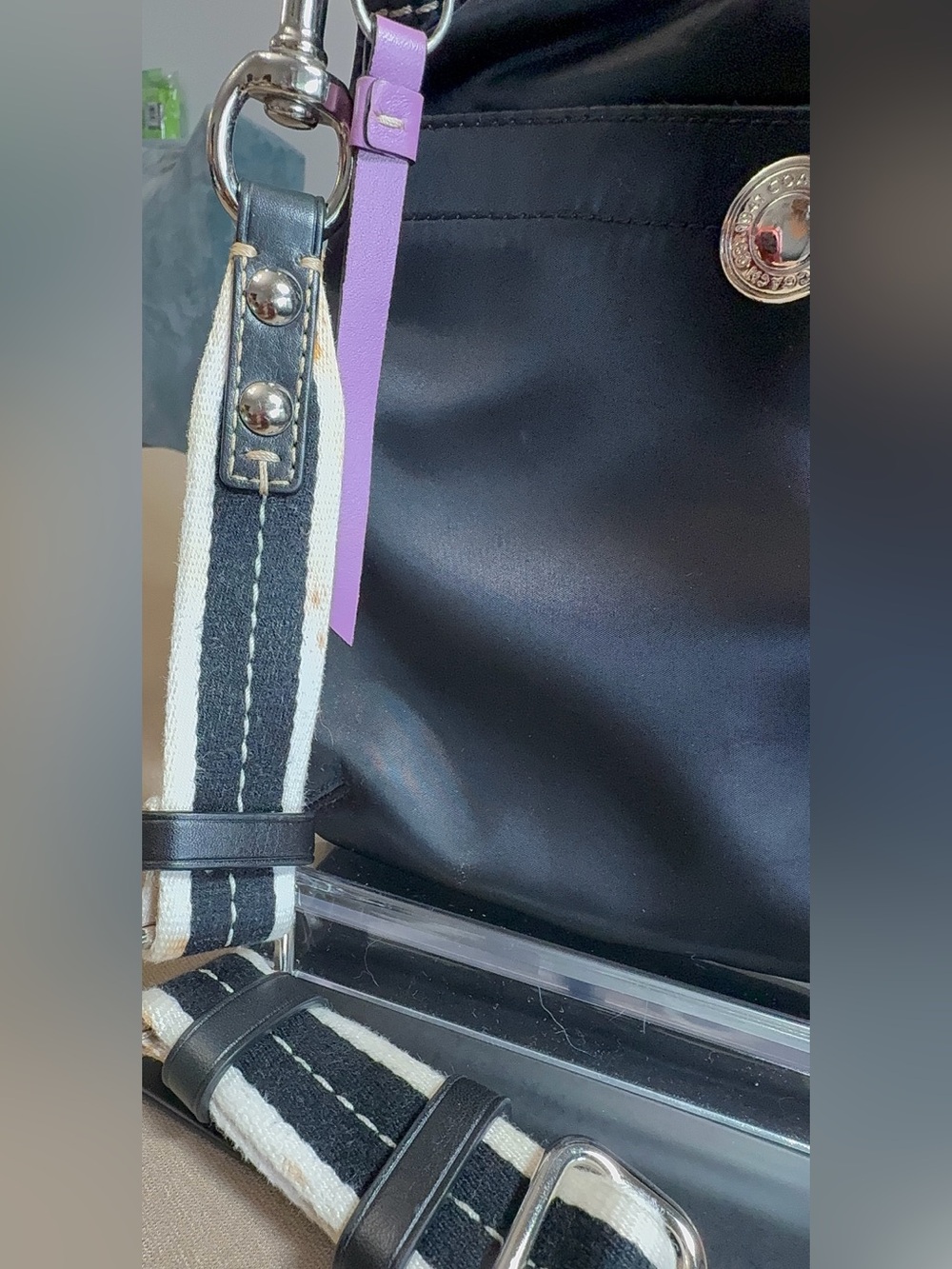 Coach Black Crossbody Bag with White-Trim Strap and Lavender lining. - Picture 2 of 9